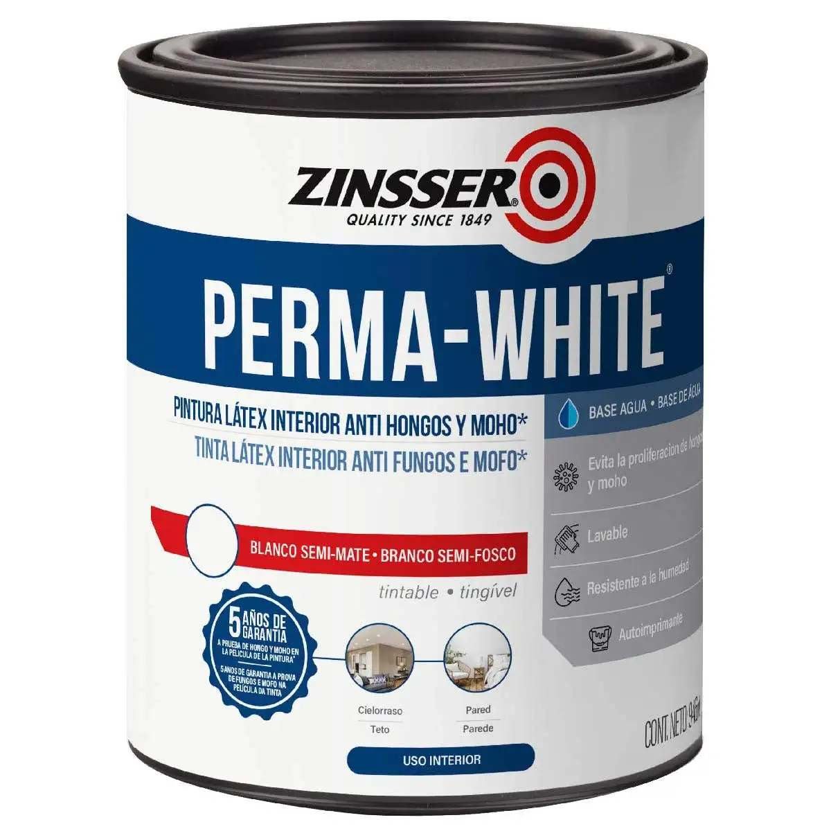 L谩tex Interior Perma-White Semi Mate Blanco 0,9 Litros